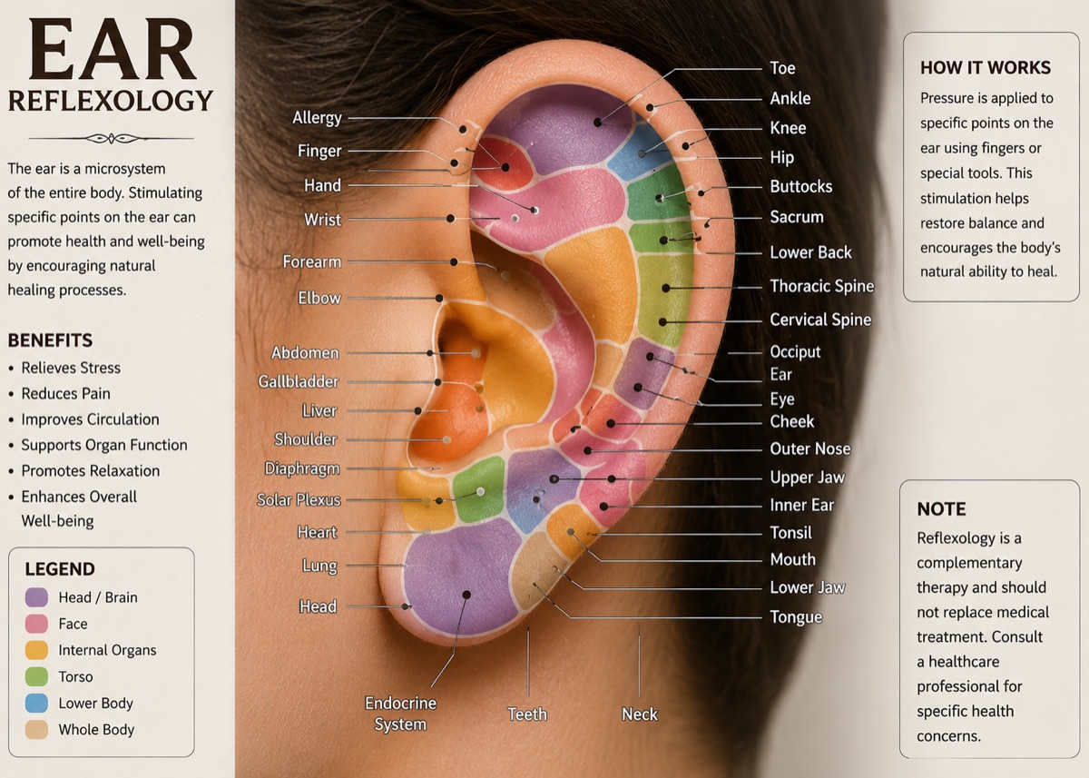 Ear reflexology chart mapping points on the outer ear to areas of the body, from the toe, knee, and spine along the outer ridge to the head, heart, and internal organs toward the lobe