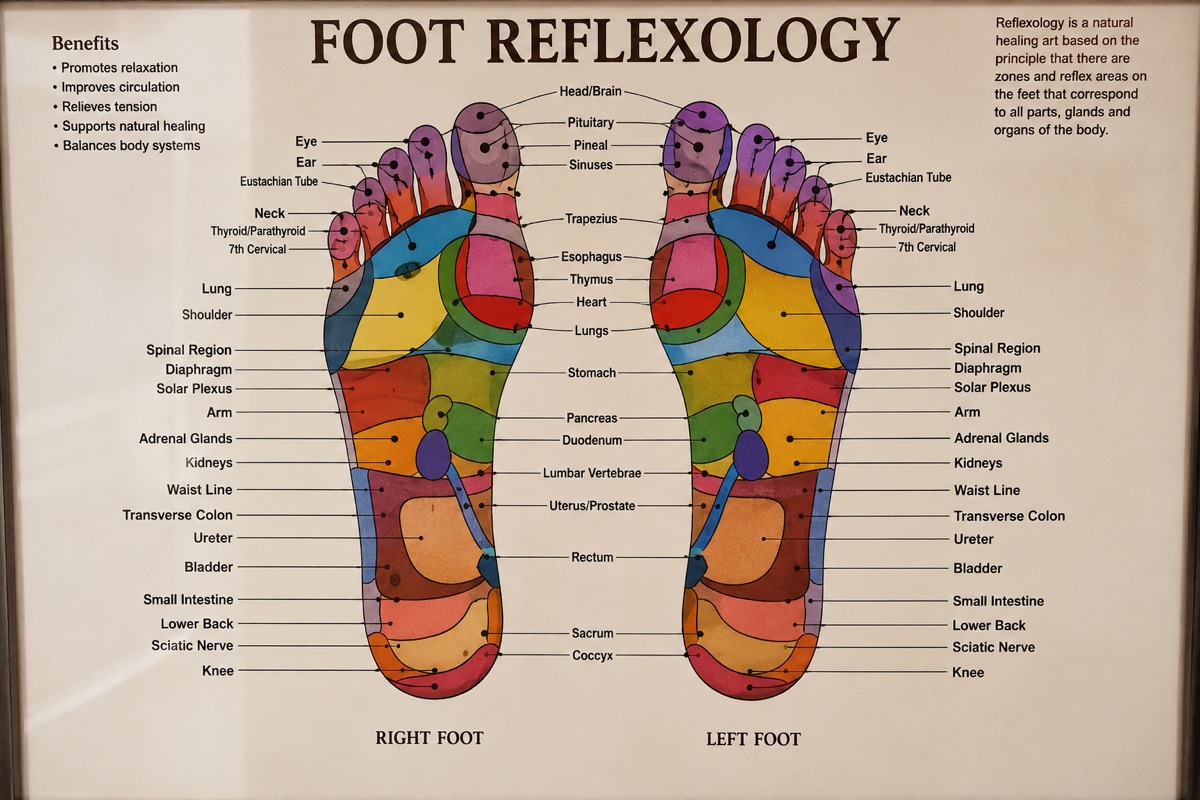 Foot reflexology chart mapping reflex zones on the right and left feet to organs and body parts, from head and sinuses at the toes to the sciatic nerve and knee at the heel