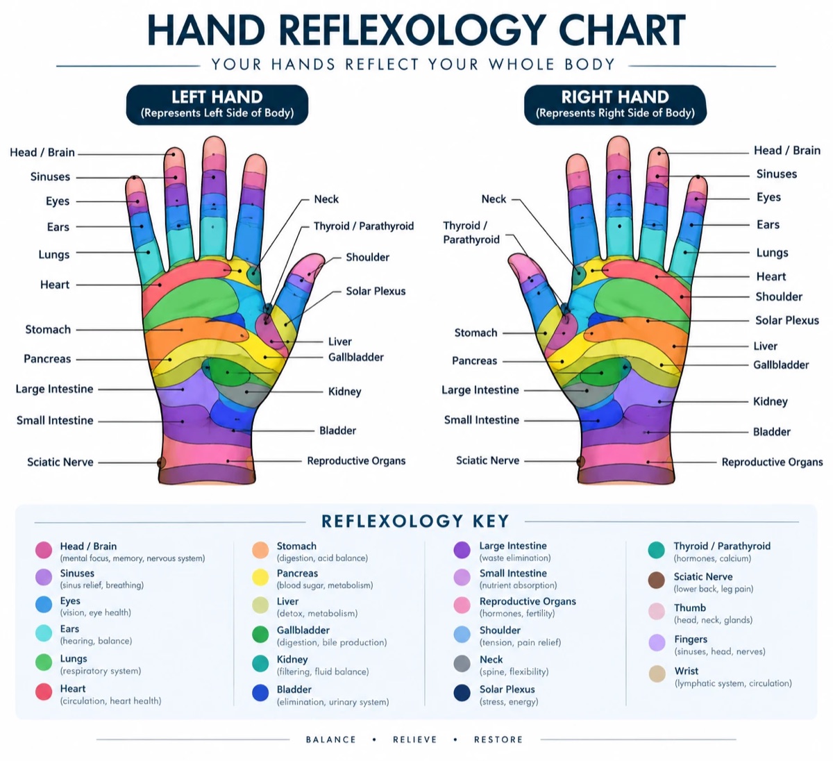 Hand reflexology chart mapping reflex zones on the left and right hands to organs and body parts, from the head and sinuses at the fingertips to the sciatic nerve at the wrist